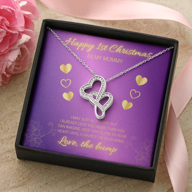 Expecting Mom Pendant, First Christmas Double Heart Necklace for Mom, Baby Bump Present, 14K White Gold Heart Necklace, Pregnancy Keepsake