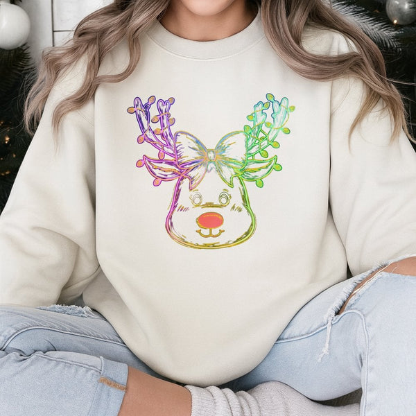 Coquette Bow Holiday Crewneck, Neon Reindeer Christmas Sweatshirt, Adorable Winter Reindeer Sweater, Retro Preppy Christmas A