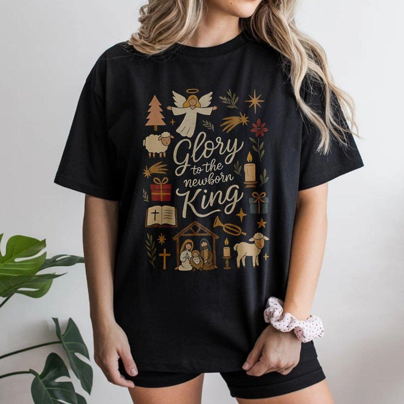 Christian Nativity Doodle T-Shirt, Glory to the Newborn King T-Shirt, Religious Christmas Graphic T-Shirt, Faith Holiday Tee, Church Present