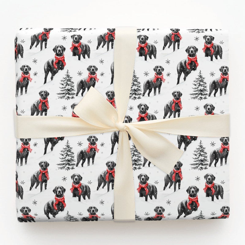 Winter Dog in Red Scarf Gift Wrap, Black Lab Wrapping Paper, Snowy Labrador Christmas Wrapping Paper, Holiday Dog Lover Wrapping Paper