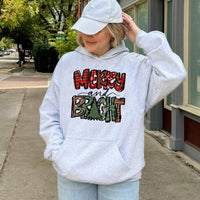 Festive Plaid Tree Graphic Hoodie, Merry and Bright Christmas Hoodie, Comfy Winter Holiday Hoodie