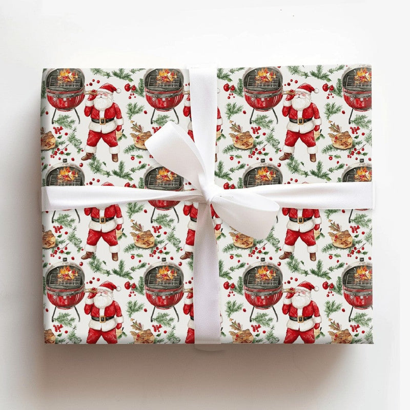 Christmas BBQ Cookout Gift Wrap, Grilling Santa Wrapping Paper, Roasted Turkey Holiday Wrapping Paper, Humorous Red Grill Gift Wrapping Paper
