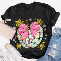 Festive Teacher Holiday Shirt, Christmas Lights Snowflakes Bow Apple T-Shirt, Adorable Coquette Winter Graphic Tee, Xmas Present for Her