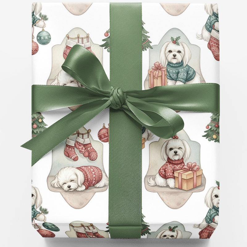 Adorable Holiday Puppy Gift Wrap, Maltese Dog Christmas Wrapping Paper, Festive Xmas Wrapping Paper Roll, Pet Lover Holiday Gift Wrap