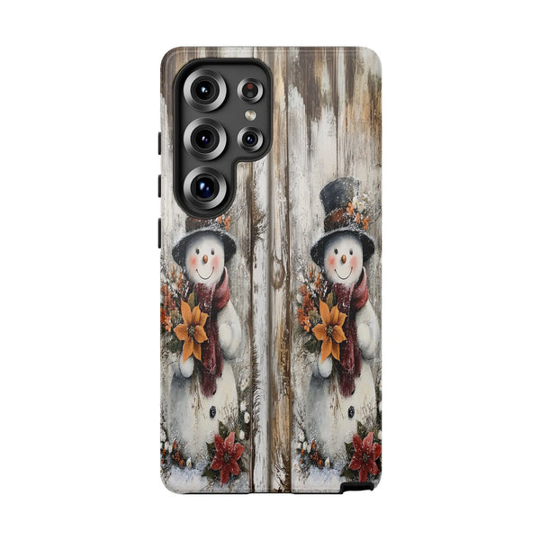 Rustic Wood Christmas Samsung Galaxy Tough Case, Vintage Folk Art Snowman Phone Case, Holiday Snowmen Tough Phone Cover Prese