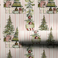 Watercolor Tree Stocking Gift Wrap, Pink Striped Christmas Wrapping Paper, Adorable Pastel Holiday Wrapping Paper, Girly Xmas Present Packaging