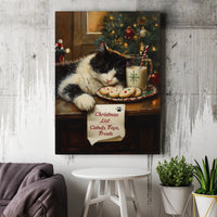 Adorable Holiday Kitten Wall Art Print, Sleeping Cat Christmas Canvas Art, Xmas Cat Milk and Cookies Poster