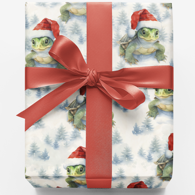 Santa Hat Turtle Gift Wrap, Christmas Tortoise Wrapping Paper, Adorable Animal Paper Roll, Festive Tortoise Wrapping Paper, Xmas Kids Gift Wrap
