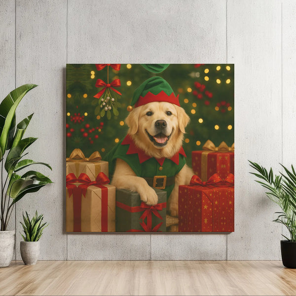 Adorable Dog Elf Costume Canvas Wall Art, Golden Retriever Christmas Canvas Print, Holiday Dog Lover Canvas Art, Winter Pet D