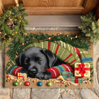 Comfy Holiday Dog Door Mat, Sleeping Labrador Puppy Christmas Doormat, Festive Winter Welcome Mat, Front Porch Rug Dog Lover Present