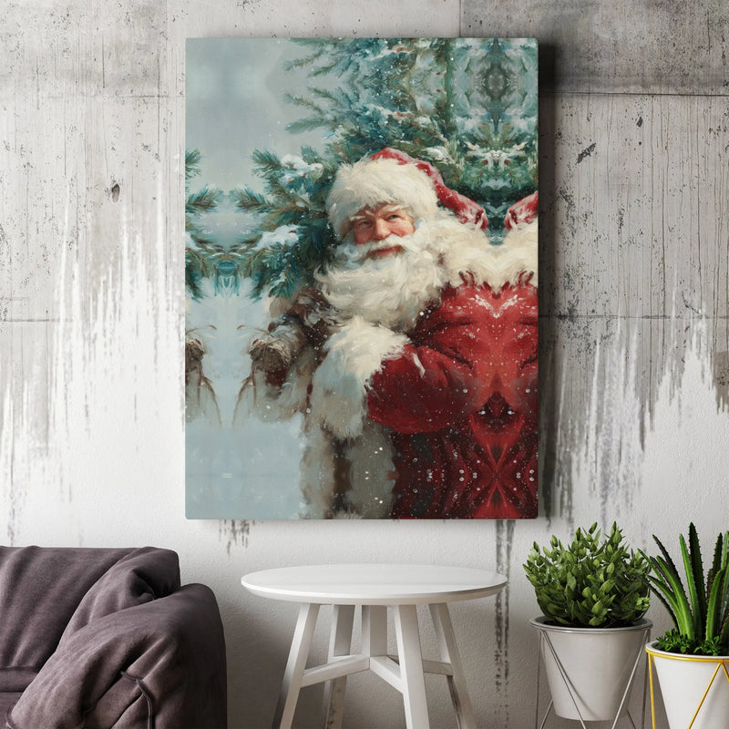 Snowy Christmas Tree Canvas Print, Vintage Santa Claus Canvas Wall Art, Retro Santa Wall Decor, Holiday Canvas, Christmas Present