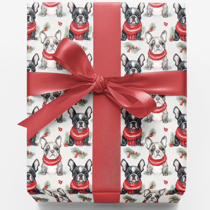 Watercolor Holiday Puppy Wrapping Paper, French Bulldog Christmas Gift Wrap, Festive Dog Lover Gift Wrap, Holiday Present Roll