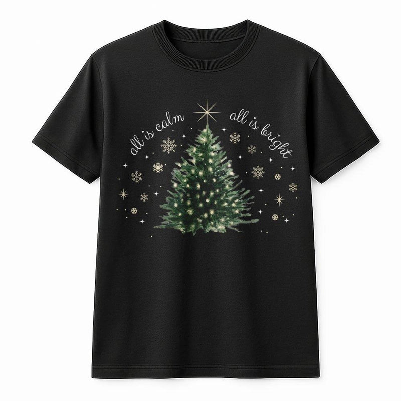 Watercolor Christmas Tree Shirt, All Is Calm All Is Bright Shirt, Christian Holiday Pine Graphic Shirt, Winter Scripture Tee, Xmas Present
