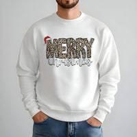 Santa Hat Holiday Sweater, Merry Christmas Leopard Print Sweatshirt, Adorable Winter Xmas Crewneck, Leopard Plaid Christmas Pullover for Her