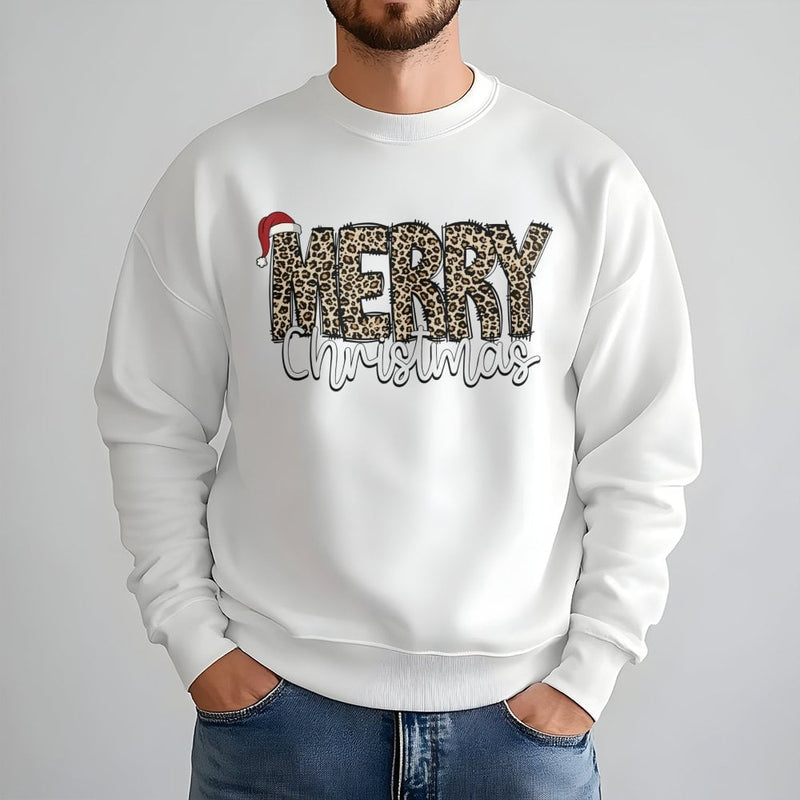 Santa Hat Holiday Sweater, Merry Christmas Leopard Print Sweatshirt, Adorable Winter Xmas Crewneck, Leopard Plaid Christmas Pullover for Her