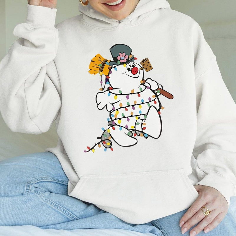 Festive Holiday Sweatshirt, Snowman Christmas Lights Hoodie, Adorable Winter Snowman Hooded Pullover, Xmas Graphic Sweater, Comfy Winter Present