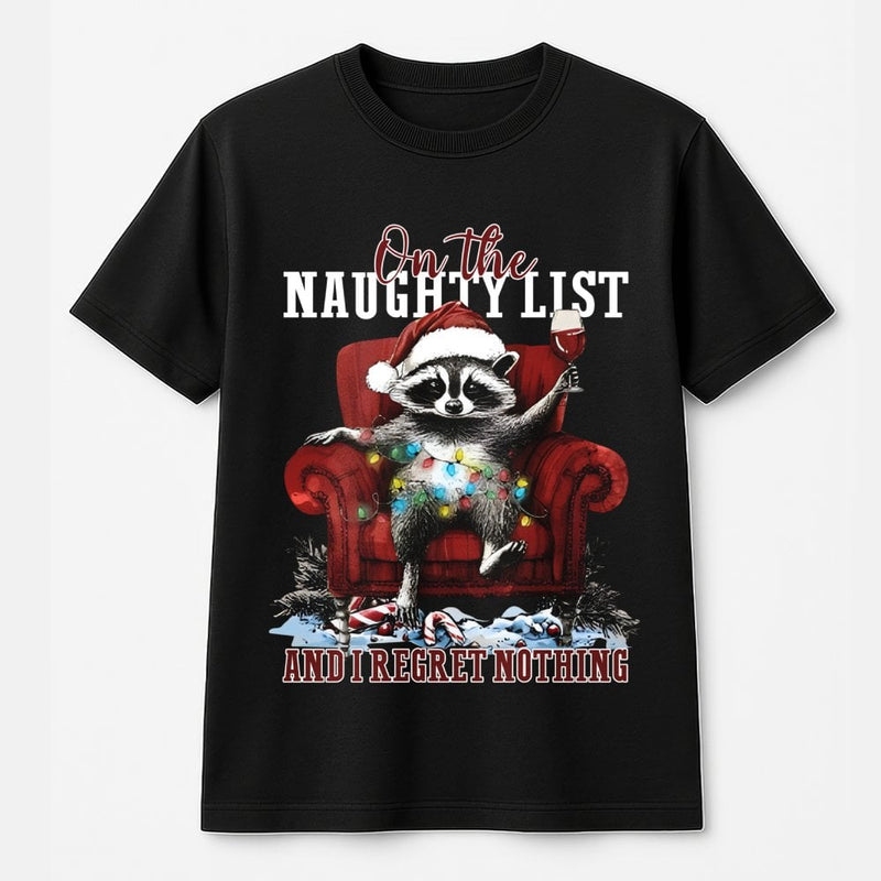 On the Naughty List and I Regret Nothing Shirt, Humorous Raccoon Christmas Shirt, Retro Holiday Animal Tee, Adorable Christmas Graphic T-Shirt