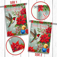 Season's Greetings Poinsettia Yard Flag, Hummingbird Christmas Garden Flag, Double-Sided Floral Lawn Banner, Holiday Outdoor Flag