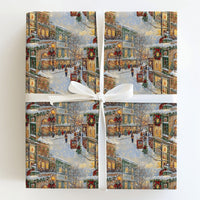 Snowy Street Scene Gift Wrap, Nostalgic Christmas Village Wrapping Paper, Vintage Holiday Village Wrapping Paper, Winter Town Wrapping Paper