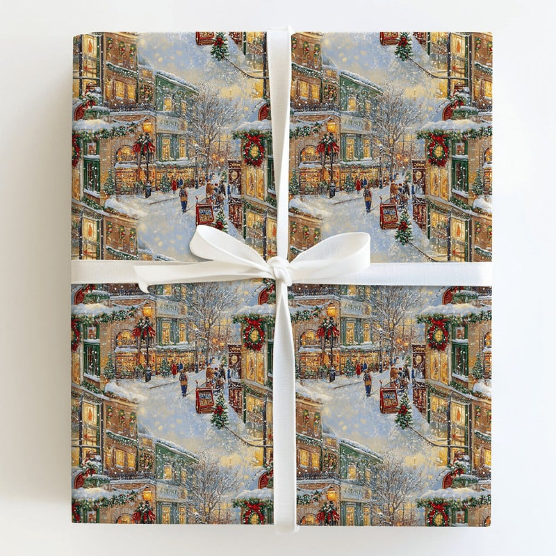 Snowy Street Scene Gift Wrap, Nostalgic Christmas Village Wrapping Paper, Vintage Holiday Village Wrapping Paper, Winter Town Wrapping Paper
