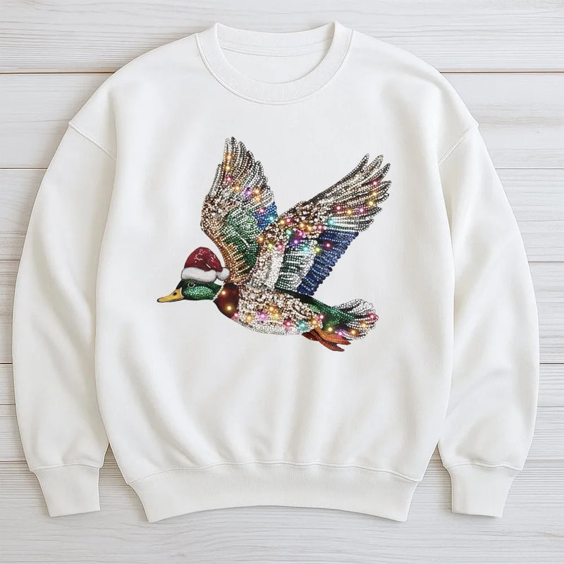 Santa Hat Duck Graphic Sweatshirt, Mallard Duck Christmas Sweatshirt, Rhinestone Duck Holiday Sweater, Festive Xmas Pullover Sweatshirt