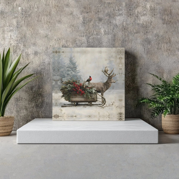 Rustic Christmas Sleigh Canvas, Winter Deer Square Canvas Wall Art, Bullfinch Berry Farmhouse Wall Art, Holiday Nature Canvas