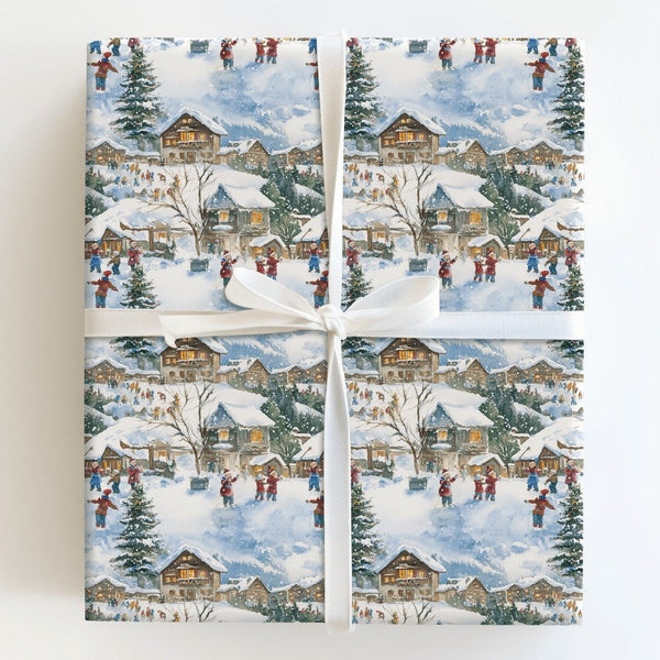Mountain Chalet Holiday Gift Wrap, Watercolor Snowy Village Wrapping Paper, Comfy Christmas Town Wrapping Paper, Festive Wint