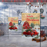 Red Truck Barn Holiday Flag, Farmhouse Christmas Garden Flag, All Hearts Come Home Winter Flag, Rustic Americana Yard Flag Decor