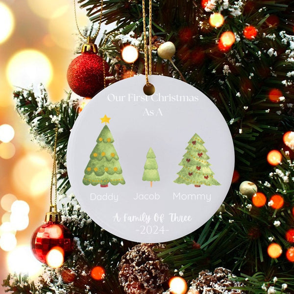 Baby First Christmas 2024 Ornament, Family of Three Christmas Ornament, Ceramic Tree Ornament, Personalized Holiday Keepsake