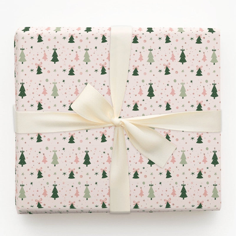Whimsical Holiday Tree Gift Wrap, Pink and Green Christmas Wrapping Paper, Bows Stars Wrapping Paper, Pastel Xmas Gift Wrapping Paper