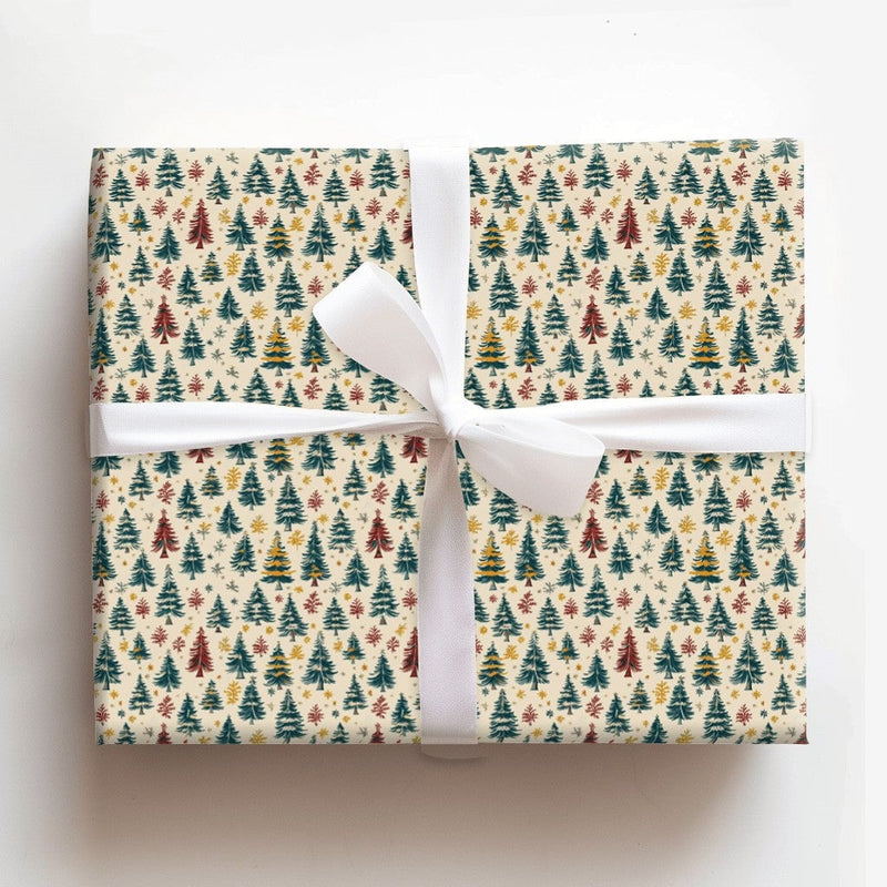 Rustic Holiday Forest Gift Wrap, Vintage Christmas Tree Wrapping Paper, Colorful Tree Present Wrap, Retro Xmas Packaging Paper Roll