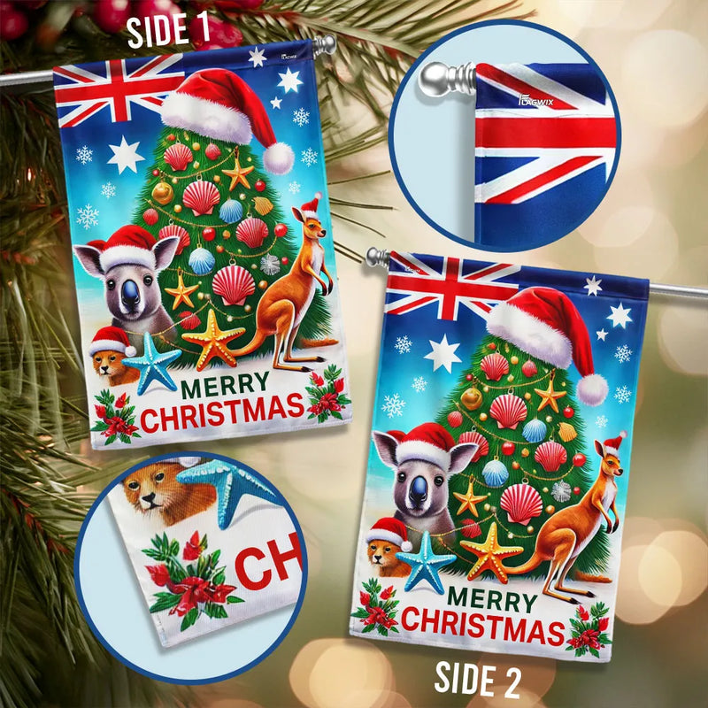 Kangaroo and Koala Santa Hats Holiday Flag, Australian Christmas Garden Flag, Aussie Christmas Yard Flag, Down Under Outdoor House Decor