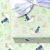 Watercolor Dog Sleigh Gift Wrap, Black Labrador Christmas Wrapping Paper, Pastel Village Holiday Wrapping Paper, Adorable Dog Lover Gift Wrap