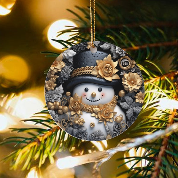 Gold and Silver Floral Snowman Ornament, Elegant Snowman Christmas Ornament, Ceramic Holiday Tree Ornament, Festive Winter De