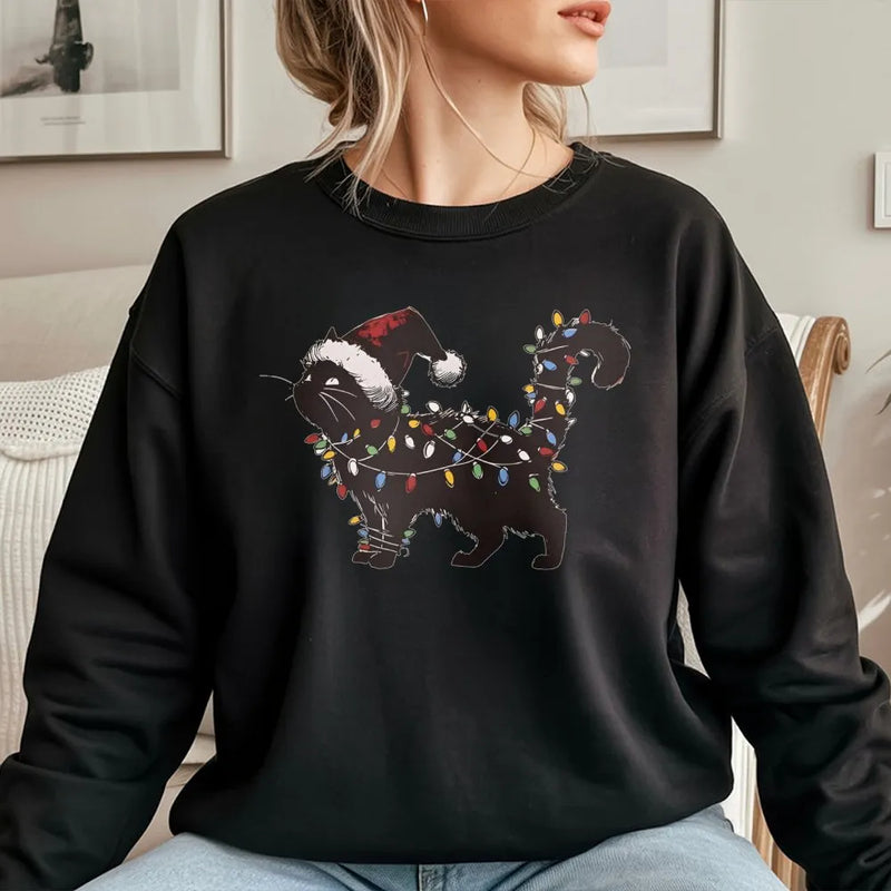Santa Hat Cat Tangled in Lights Crewneck, Black Cat Christmas Sweatshirt, Humorous Cat Lover Holiday Pullover, Xmas Cat Sweater, Holiday Present