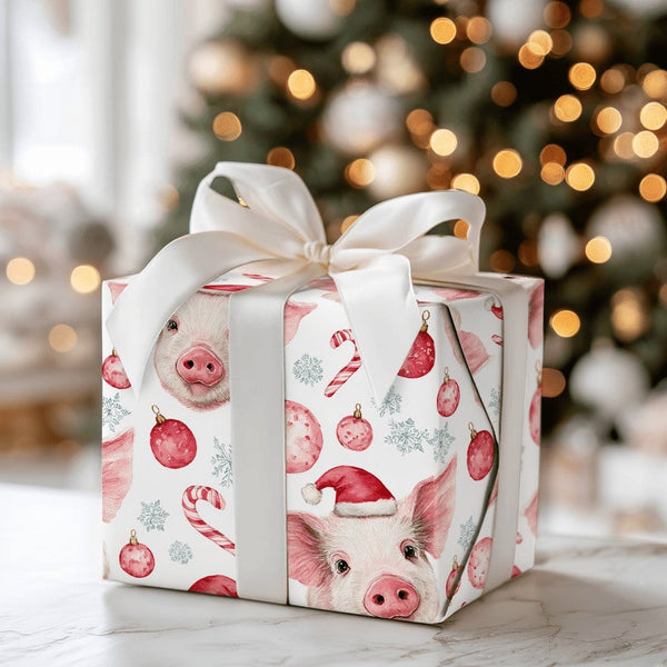 Adorable Piglet Holiday Gift Wrap, Santa Hat Pig Christmas Wrapping Paper, Watercolor Farm Animal Wrapping Paper, Festive Xma