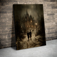 Snowy Christmas Night Canvas Art, Gothic Victorian Mansion Canvas Print, Winter Landscape Canvas Decor, Dark Cottagecore Housewarming Present