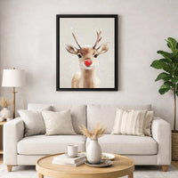 Adorable Christmas Reindeer Print, Red Nosed Reindeer Canvas Wall Art, Holiday Animal Canvas Decor, Winter Festive Canvas, Xmas Home Decor Present