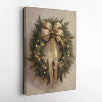 Gold Bow Fairy Lights Canvas Print, Christmas Wreath Canvas Wall Art, Holiday Floral Canvas Art, Winter Season Wall Decor, Xmas Family Present