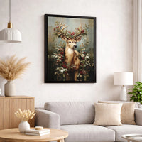 Festive Woodland Reindeer Canvas Print, Christmas Deer Canvas Wall Art, Winter Stag with Red Berries Wall Art, Holiday Cottage Decor
