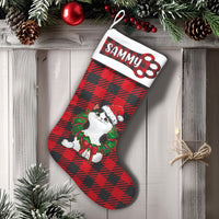 Custom Name Pet Holiday Stocking, Personalized Buffalo Plaid Cat Christmas Stocking, Red Plaid Christmas Stocking, Velboa Cat Xmas Stocking
