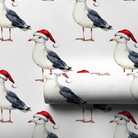 Coastal Christmas Gift Wrap, Santa Hat Seagull Wrapping Paper, Watercolor Beach Bird Present Paper, Nautical Holiday Gift Wrapping Paper