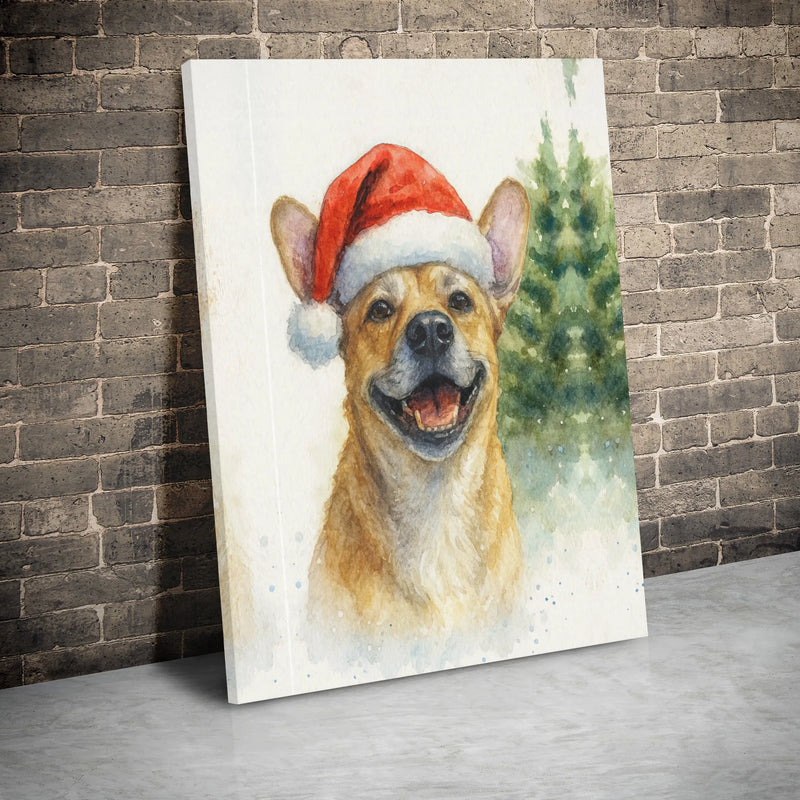 Watercolor Dog in Santa Hat Print, Smiling Christmas Puppy Canvas Art, Adorable Holiday Puppy Wall Decor, Festive Dog Lover Canvas Present