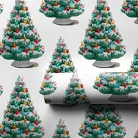 Flocked Tree Gift Wrap, Vintage Ceramic Christmas Tree Wrapping Paper, Nostalgic Retro Holiday Wrapping Paper, Festive Winter Present Paper