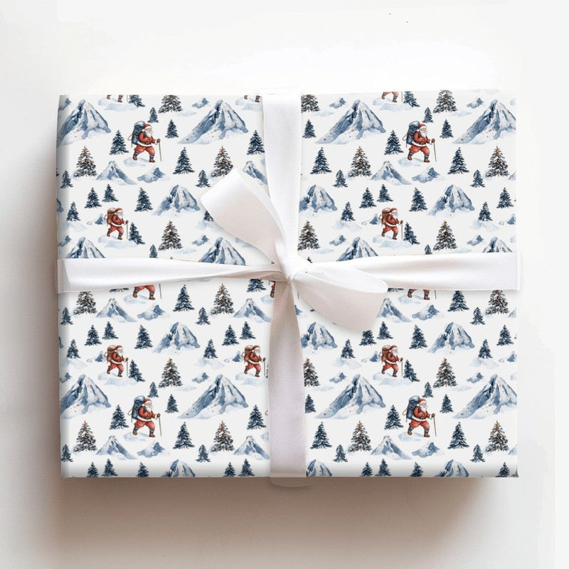 Snowy Mountain Christmas Wrapping Paper, Hiking Santa Wrapping Paper, Outdoors Nature Holiday Gift Wrap