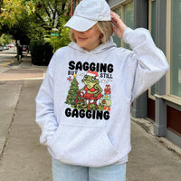 Humorous Adult Humor Christmas Hoodie, Sagging but Still Gagging Frog Hoodie, Rude Holiday Frog Meme Sweatshirt, Graphic Sarcastic Pullover