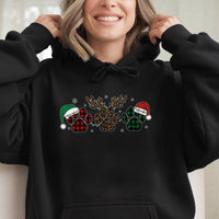 Plaid Leopard Reindeer Hoodie, Christmas Dog Paw Hoodie, Adorable Pet Lover Hooded Sweatshirt, Winter Holiday Graphic Hoodie, Dog Mom Xmas Present