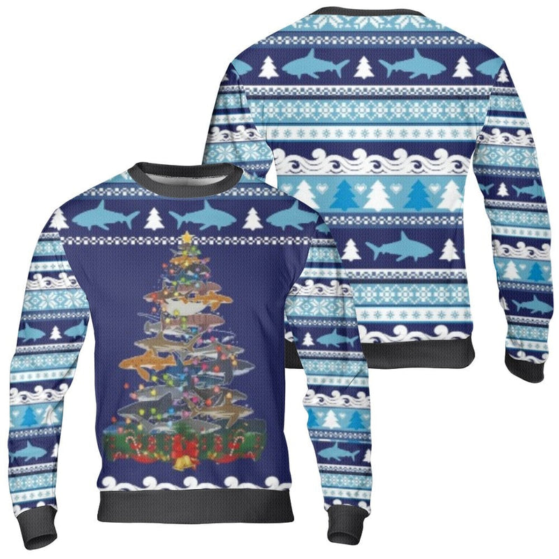 Nordic Ocean Holiday Sweater, Shark Christmas Tree Ugly Sweater, Marine Life Xmas Ugly Sweater, Humorous Fish Winter Crewneck Sweater Present