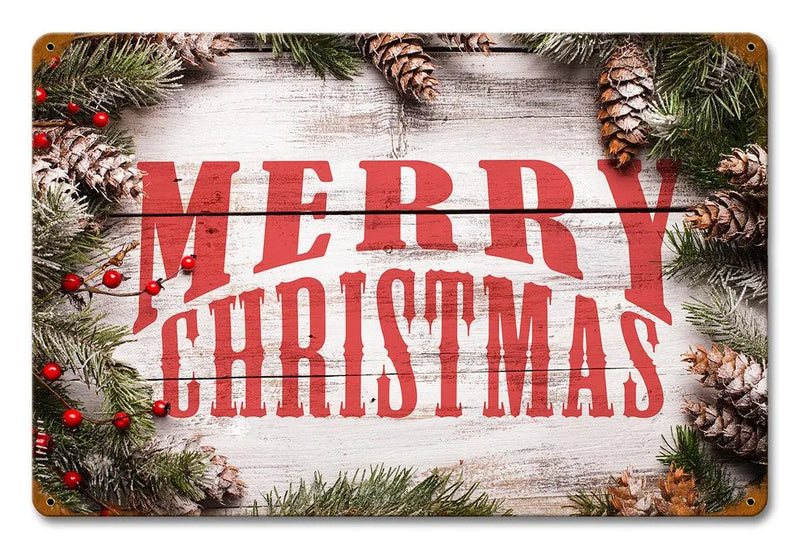 Vintage Rustic Holiday Wall Art, Merry Christmas Wood Pine Metal Sign, Christmas Pine Tree Tin Sign, Winter Decor Plaque Present
