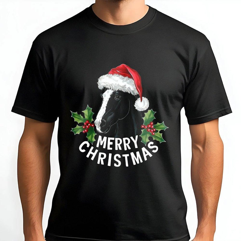 Santa Hat Equestrian Shirt, Horse Merry Christmas T-Shirt, Adorable Holiday Horse Graphic Tee, Retro Xmas Farm Animal Tee, Horse Lover Present